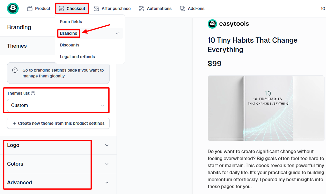 Personnalisation des réglages de paiement et d'identité visuelle