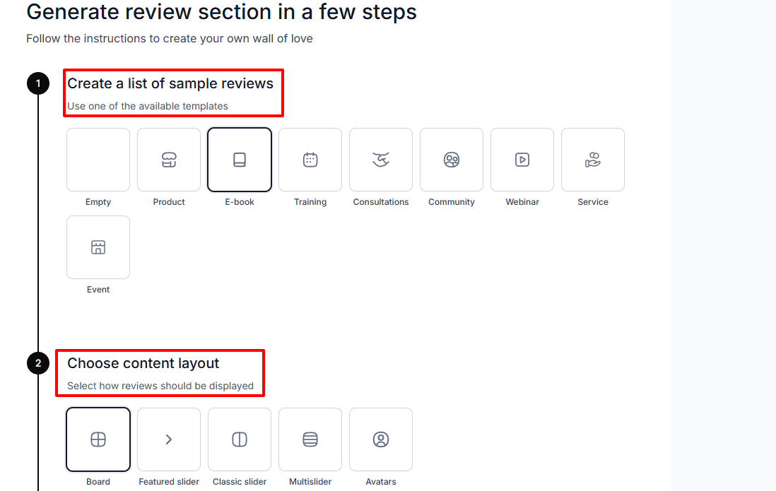 Création d'une section d'avis à partir de templates