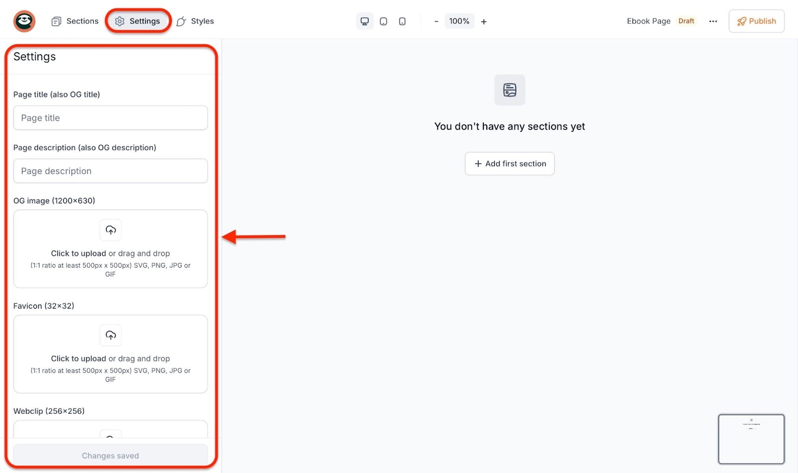 Menu de réglages d'une page produit générée par Easytools
