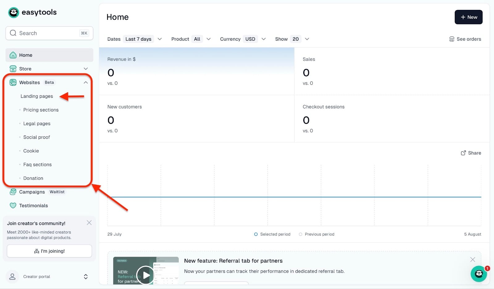 Vendre des produits digitaux - les landing pages dans Easytools