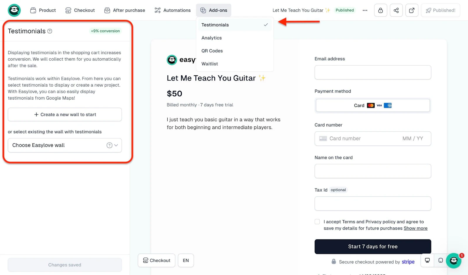 La fonctionnalité de témoignages dans Easytools - les plateformes pour vendre des produits digitaux.