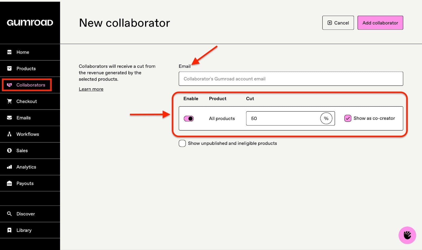 La fonctionnalité de collaborateurs dans Gumroad - les meilleures plateformes pour vendre des produits digitaux