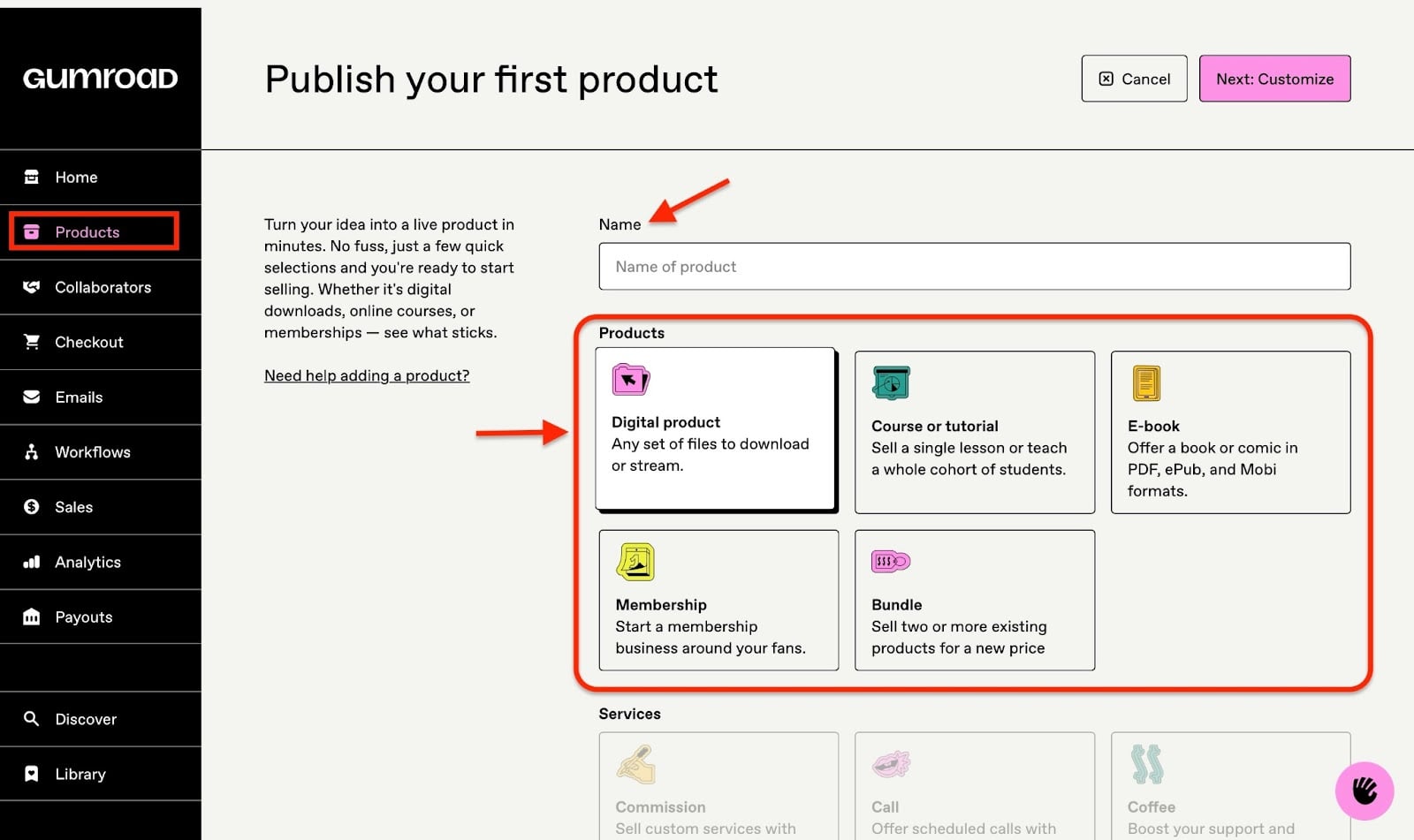 Onglet des produits dans Gumroad