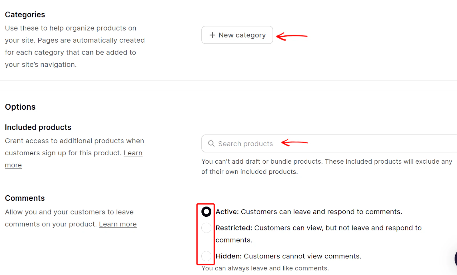 Recherche de catégorie de produit et réglages des commentaires