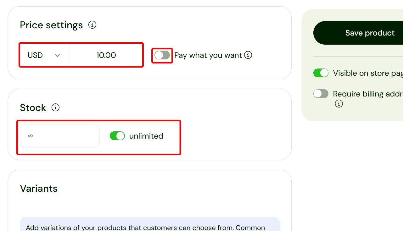 Réglages de prix et de stock pour un produit en ligne