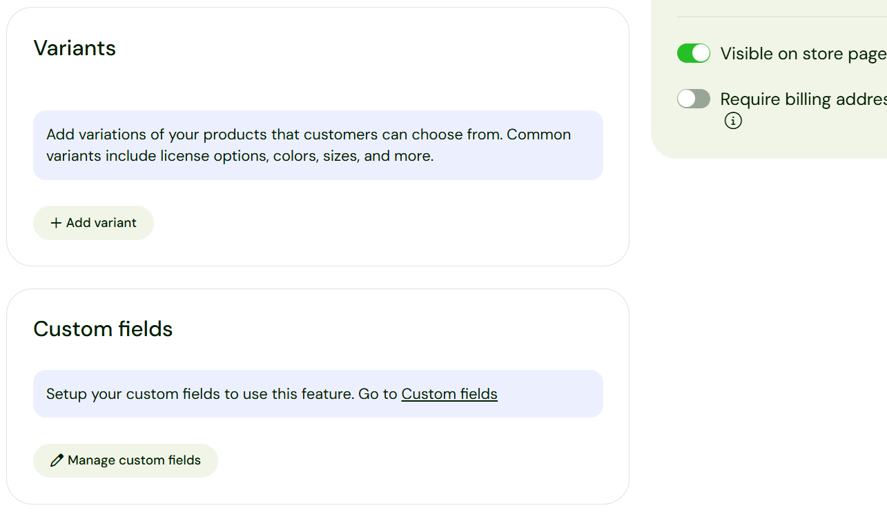 Création de variantes et de champs personnalisés pour un produit