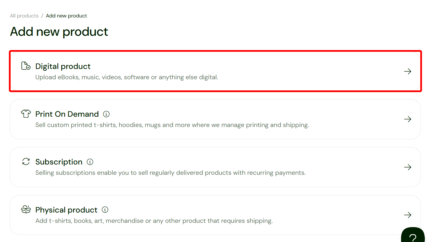 Options pour ajouter de nouveaux produits digitaux