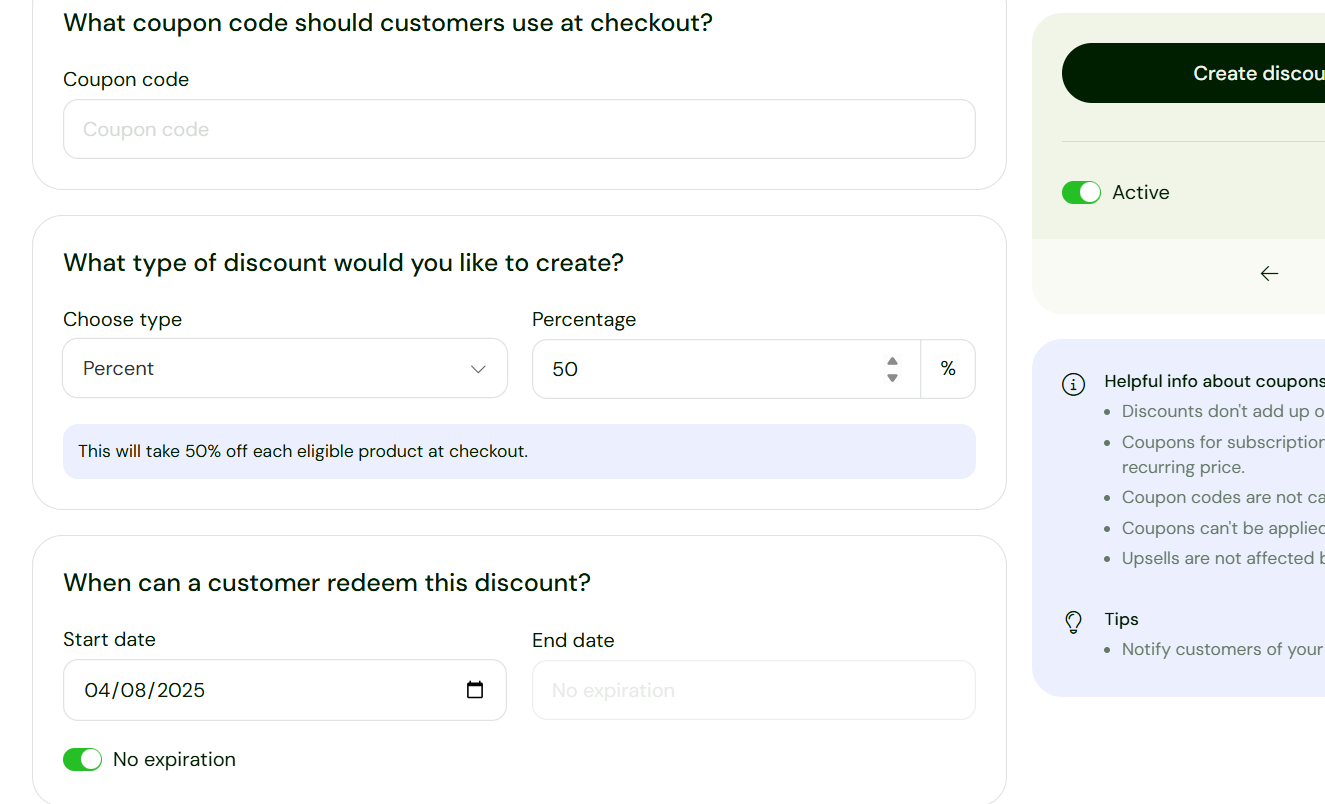 Réglages de création d'une remise et d'un code promo pour un produit