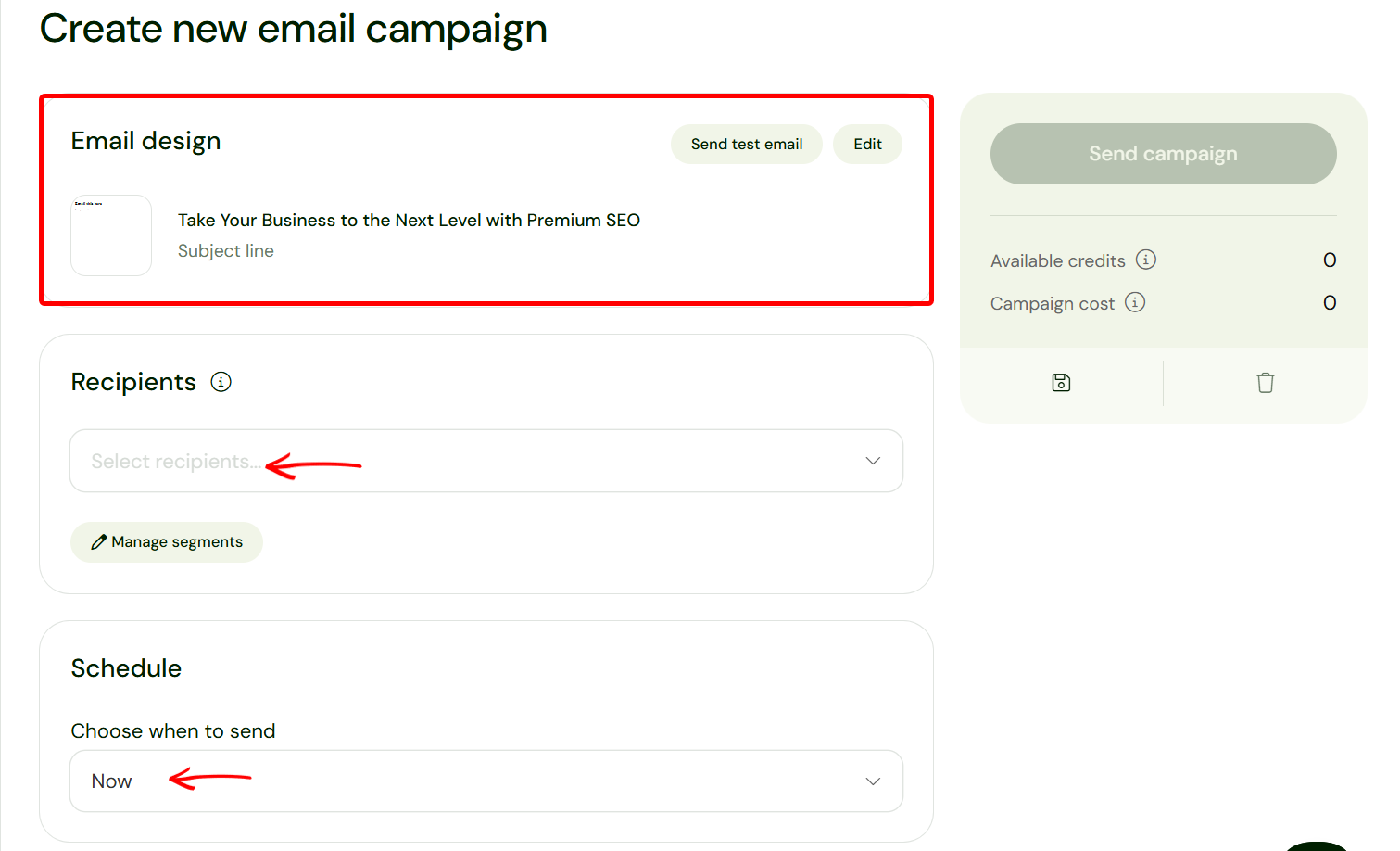 Finalisation du design, des destinataires et de la programmation d'un email