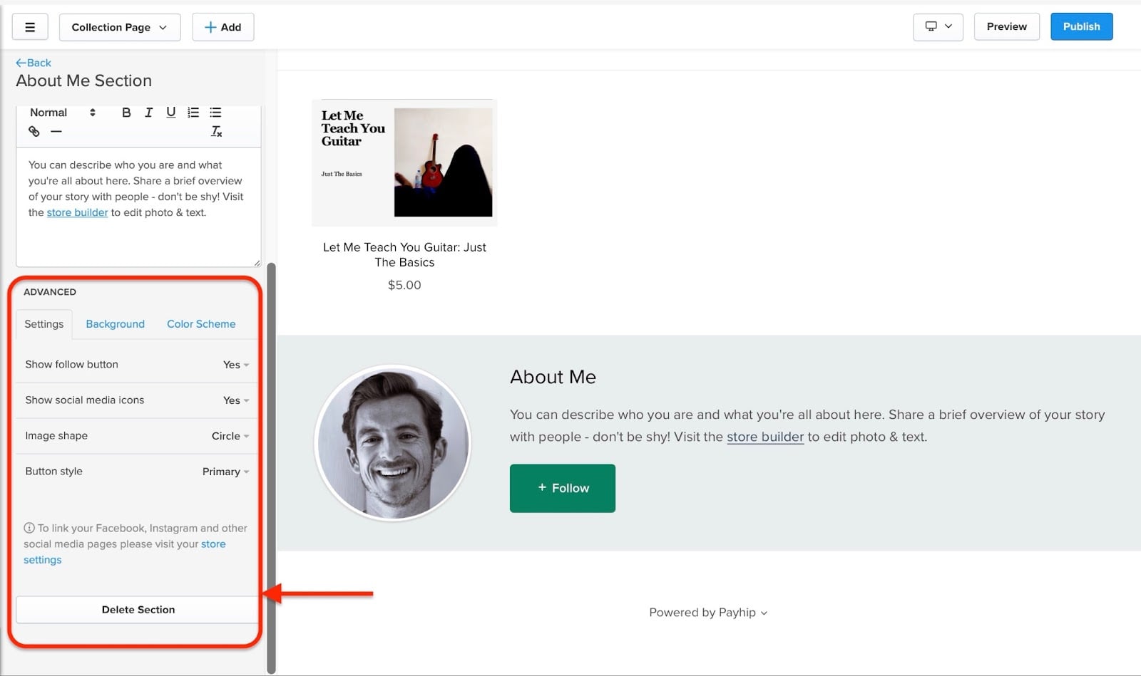 Option de suppression d'une section d'une page
