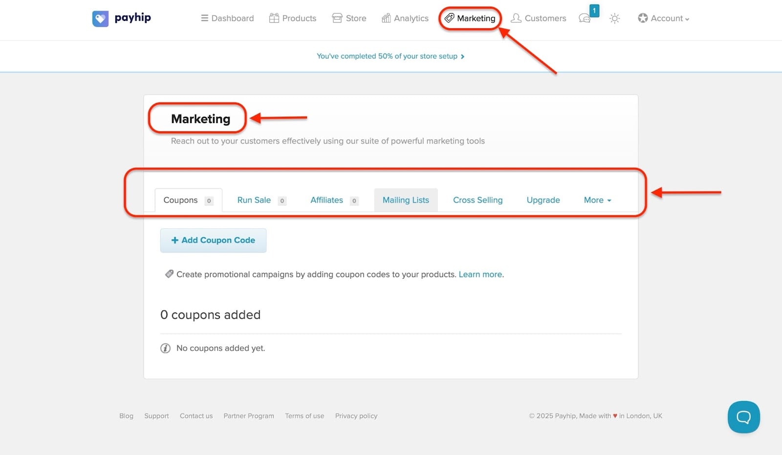 Le tableau de bord marketing de Payhip avec les codes promo et l'affiliation