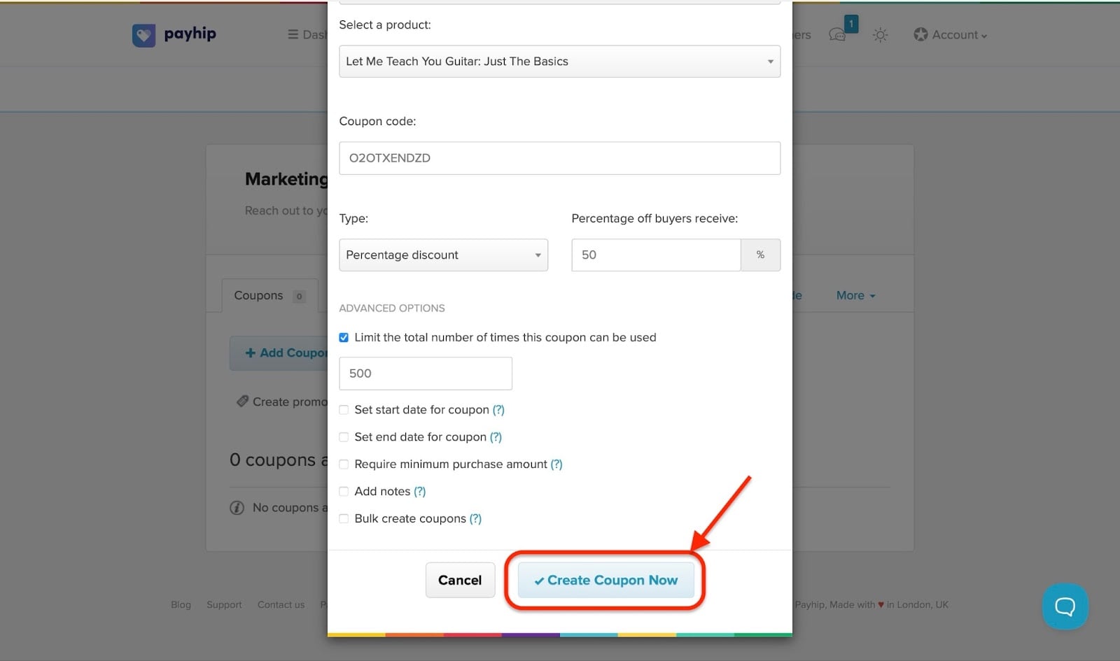 Payhip: marketing avec le bouton "Create Coupon Now"