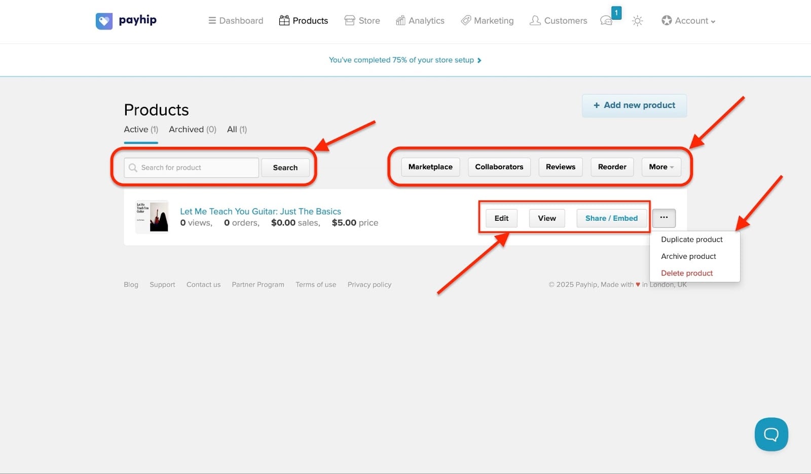 Le tableau de bord des produits de Payhip et ses options