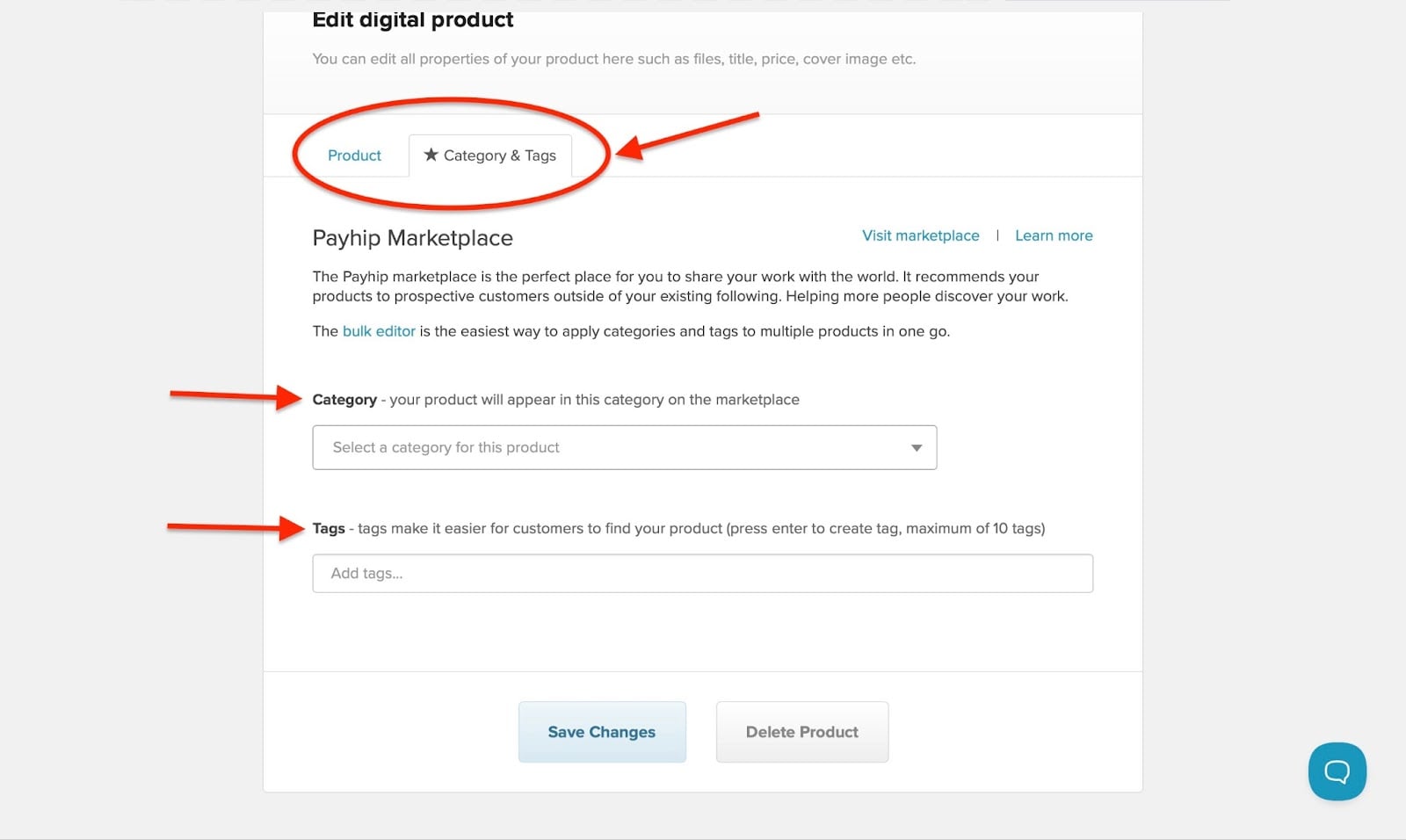 Payhip: produits avec l'onglet "Category & Tags" - produit digital