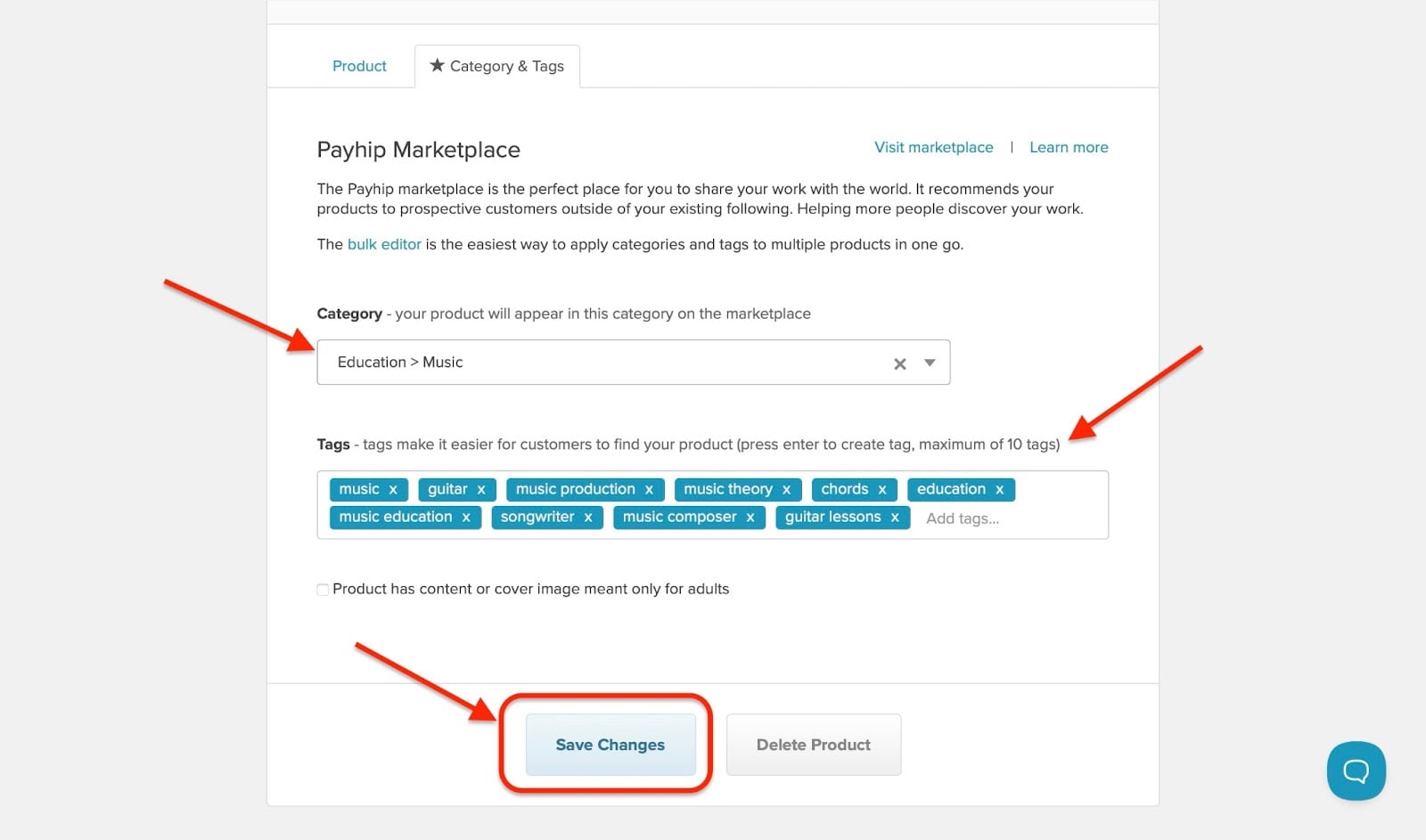 Payhip: produits avec l'onglet "Category & Tags" - témoignages clients