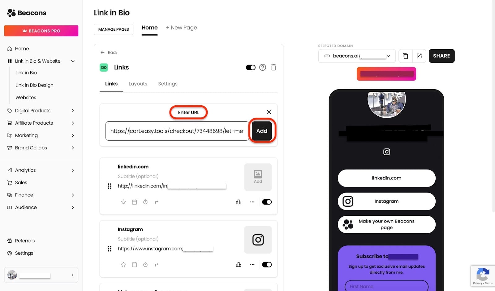Ajout d'une nouvelle URL au lien en bio