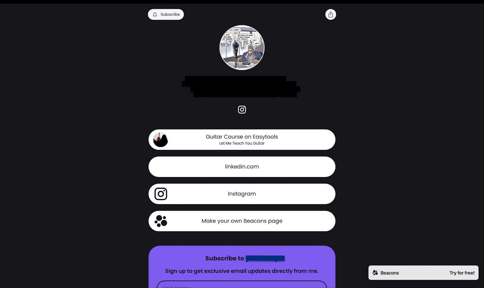 La page Beacons d'un créateur