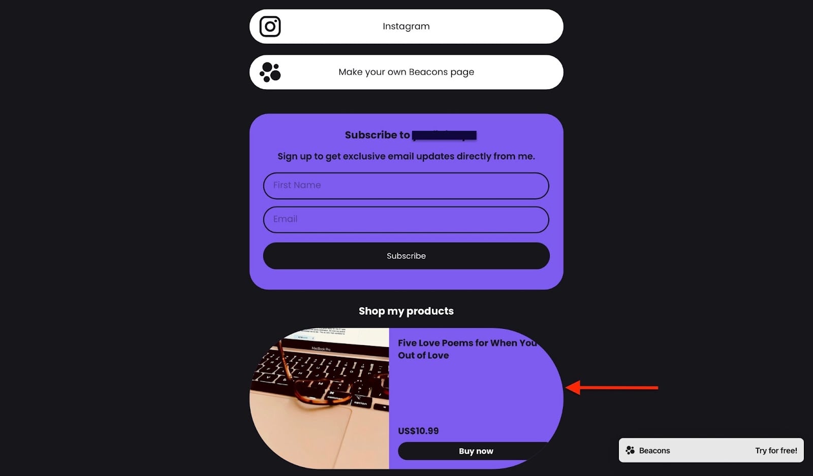 La page Beacons présentant un produit digital