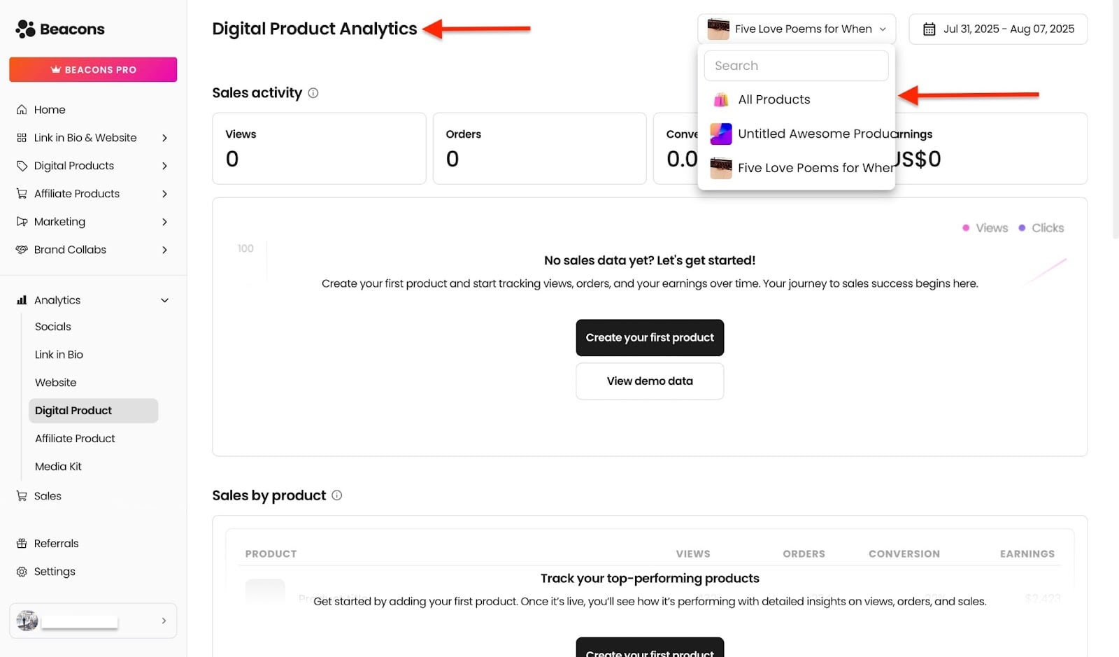 Filtrage des statistiques des produits digitaux