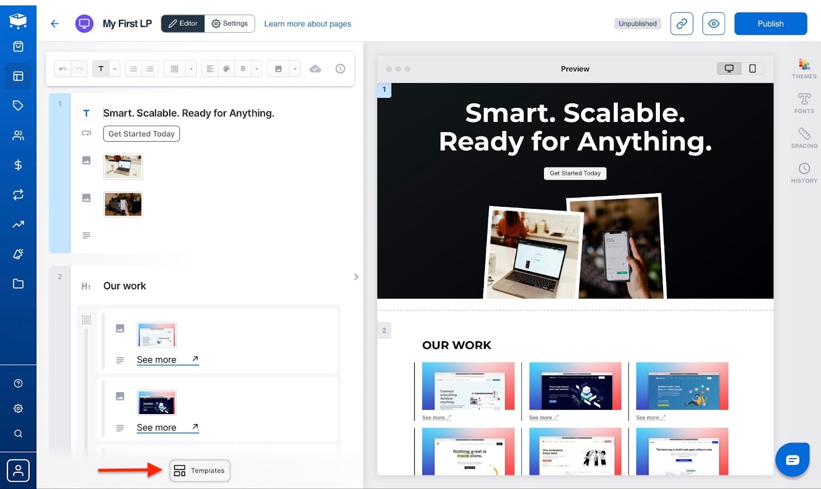 Landing page avec différents templates