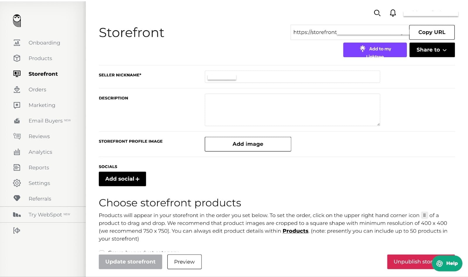 La page de personnalisation de la vitrine sur SendOwl