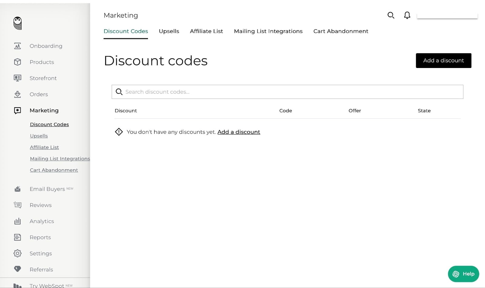 Tableau de bord pour créer des codes de réduction
