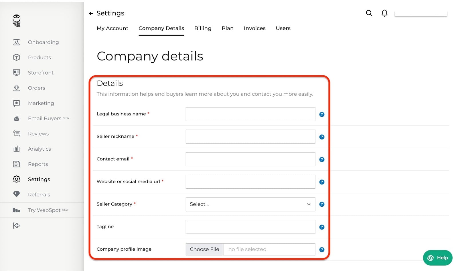 Informations de l'entreprise sur une plateforme de vente