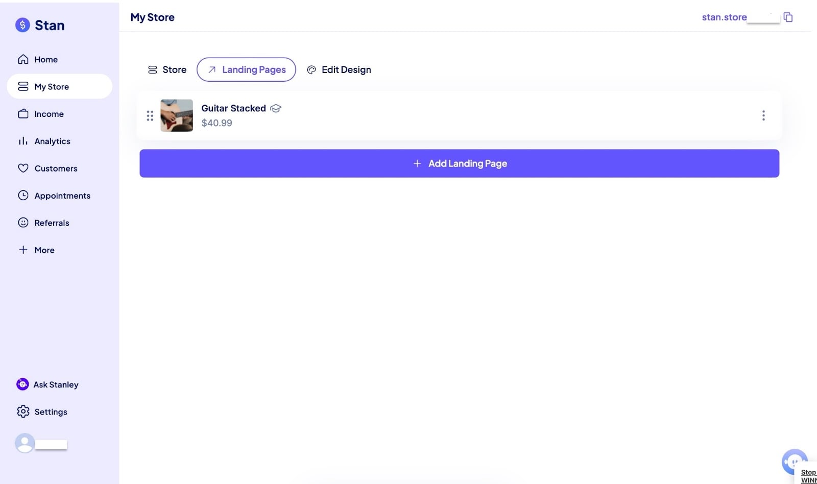 Tableau de bord des landing pages sur Stan