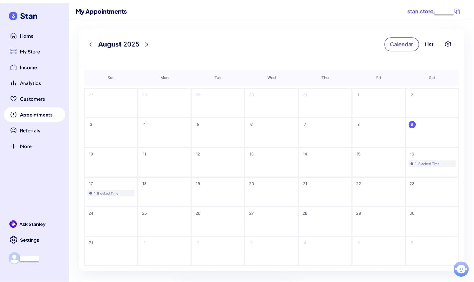 Calendrier des rendez-vous sur Stan