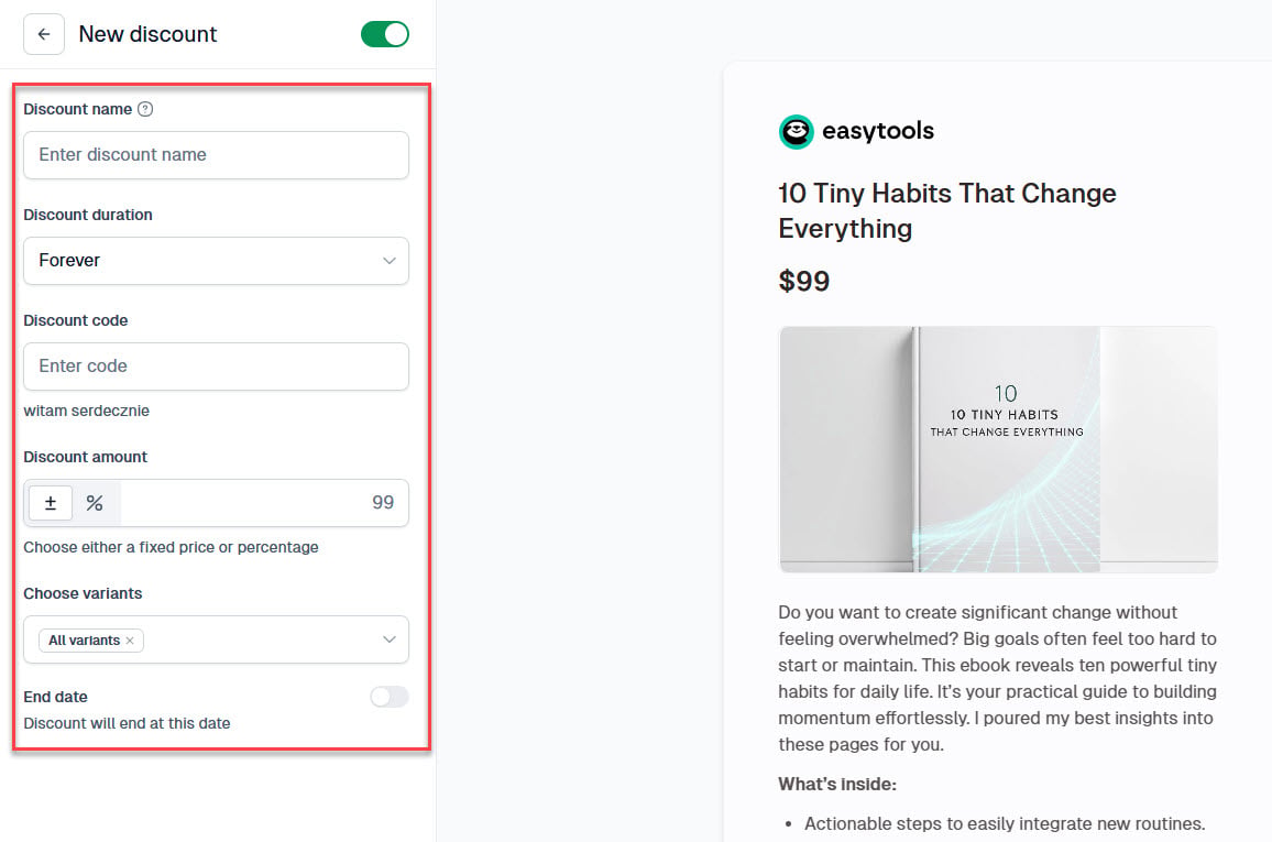 Configuration d'une nouvelle remise dans Easytools