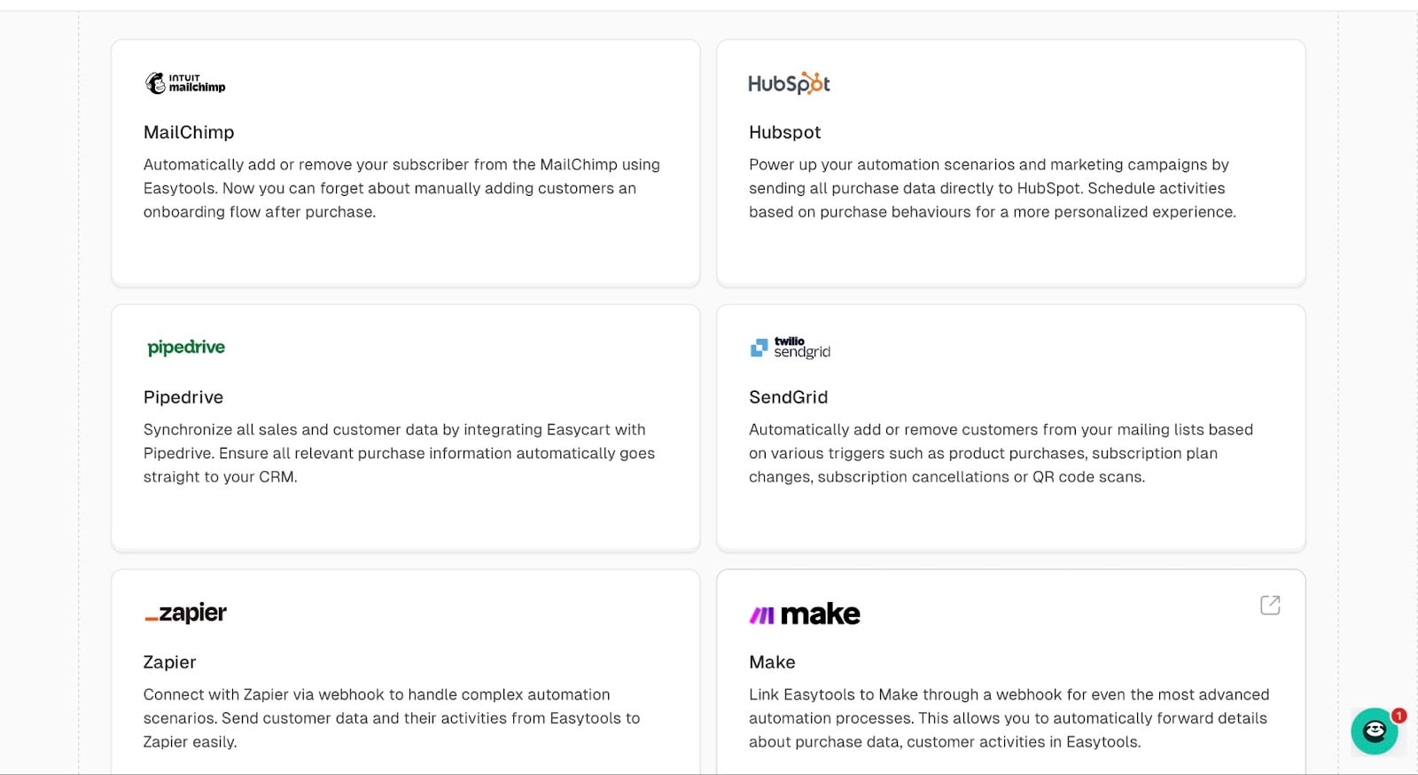 Les intégrations disponibles dans Easytools