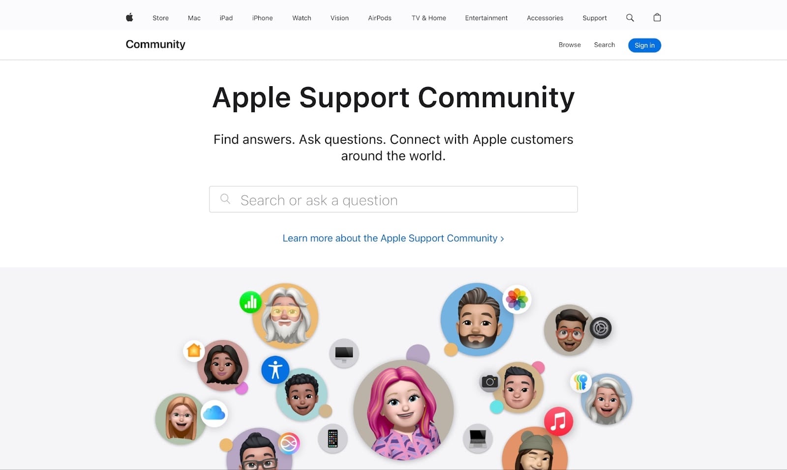 Page d'accueil de la communauté de support Apple