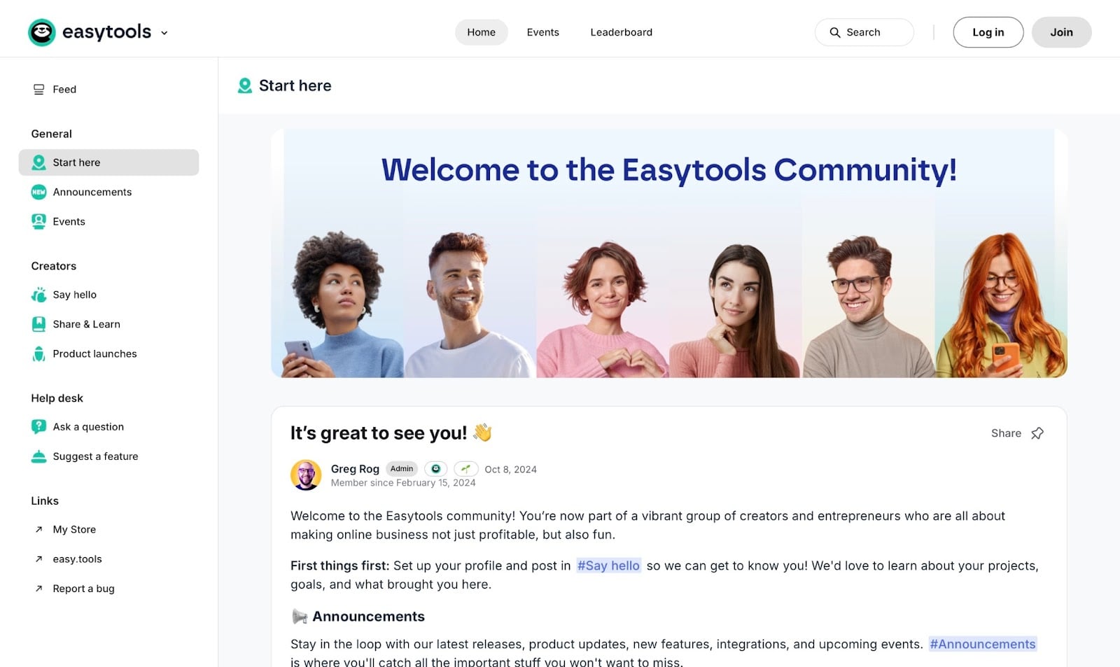 Page d'accueil de la communauté Easytools avec les annonces et les événements