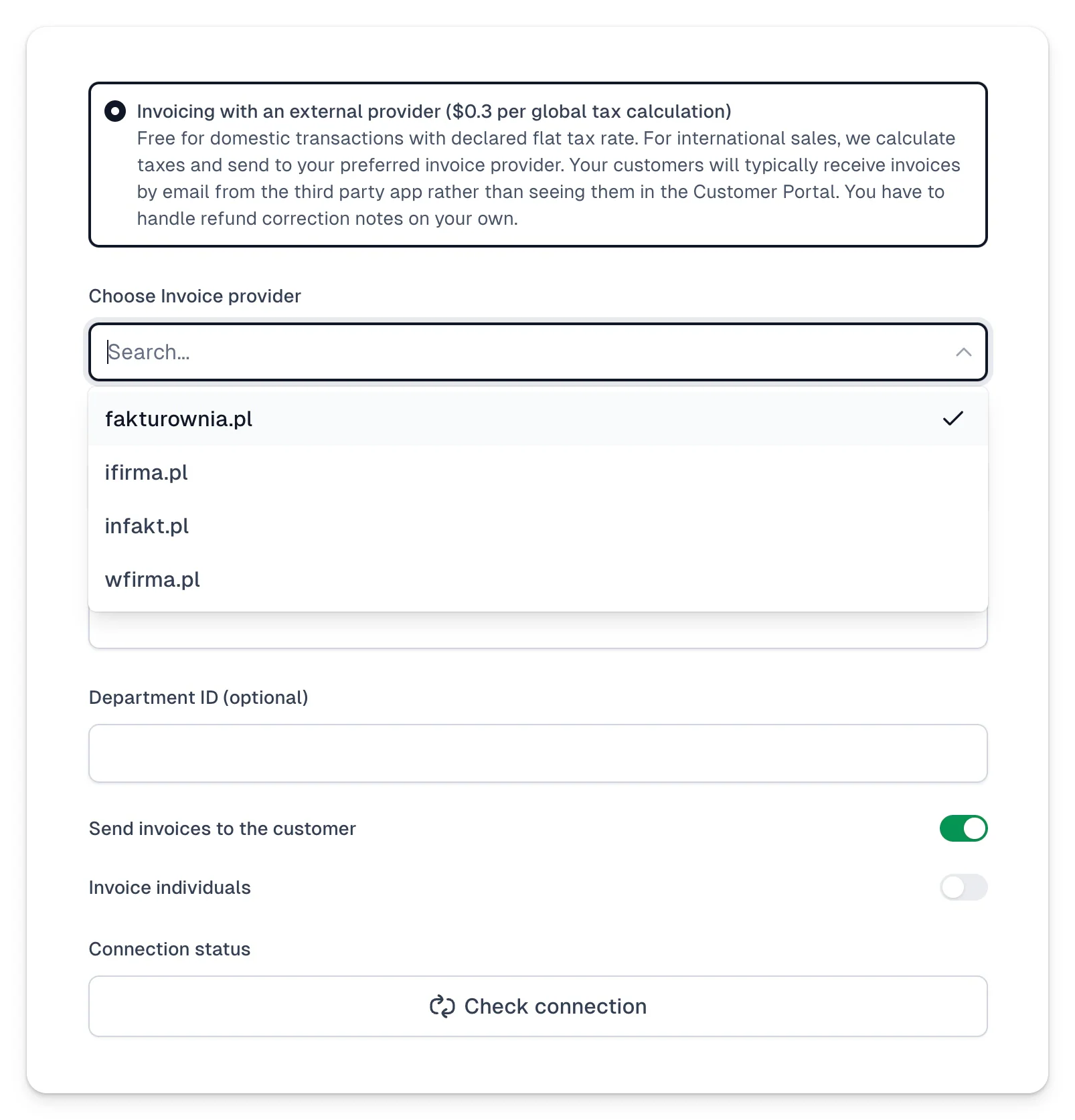 Easytools interface for connecting to a third-party invoicing software