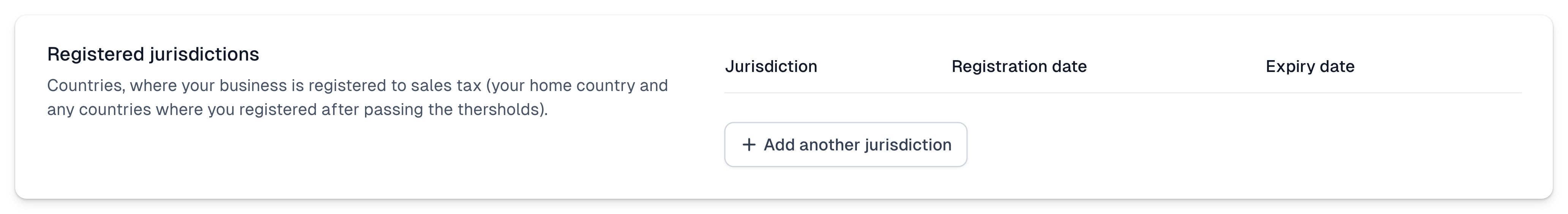 Easytools interface for adding registered tax jurisdictions.