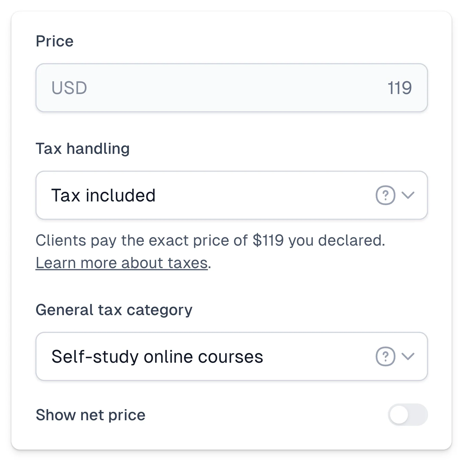 Easycart interface for setting up tax handling and general tax category for a specific product.