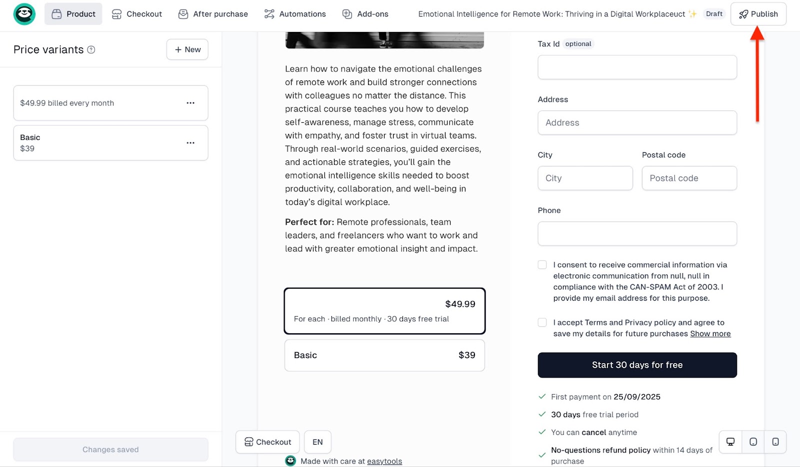Checkout interface with Publish button or launching the product