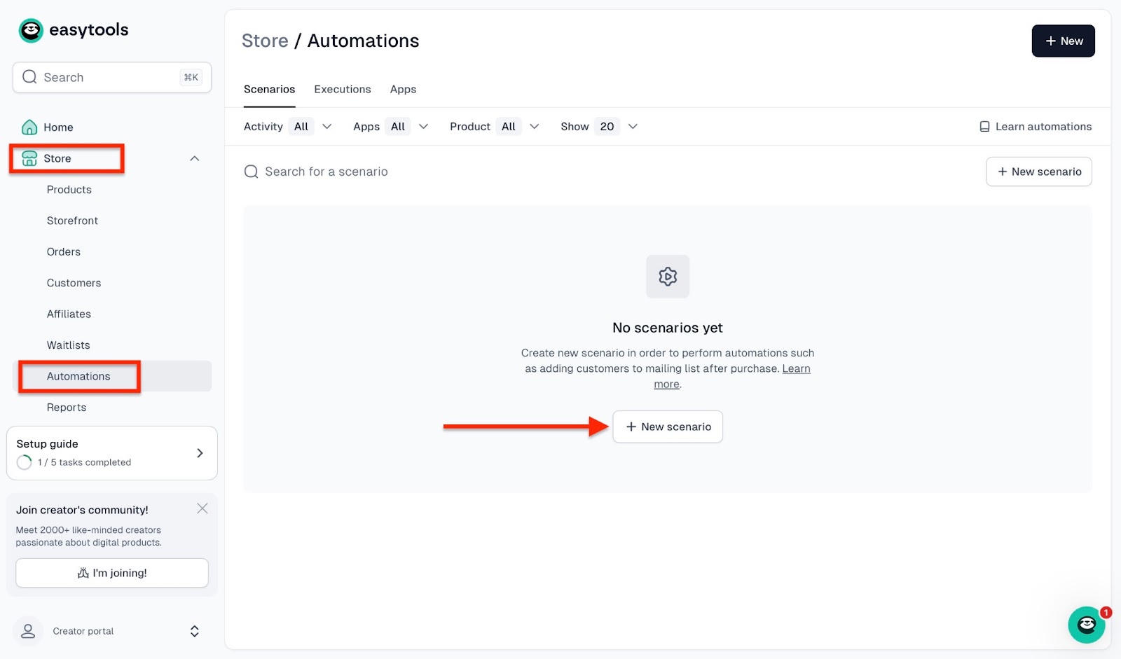 Automations dashboard for creating new automation scenario