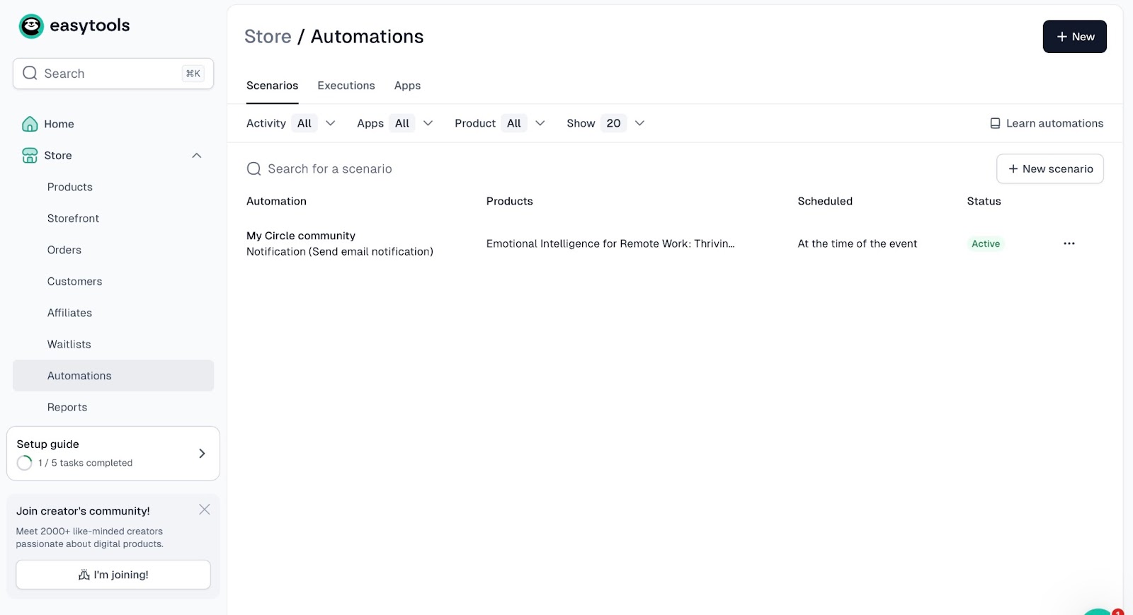 Dashboard with an active Circle automation