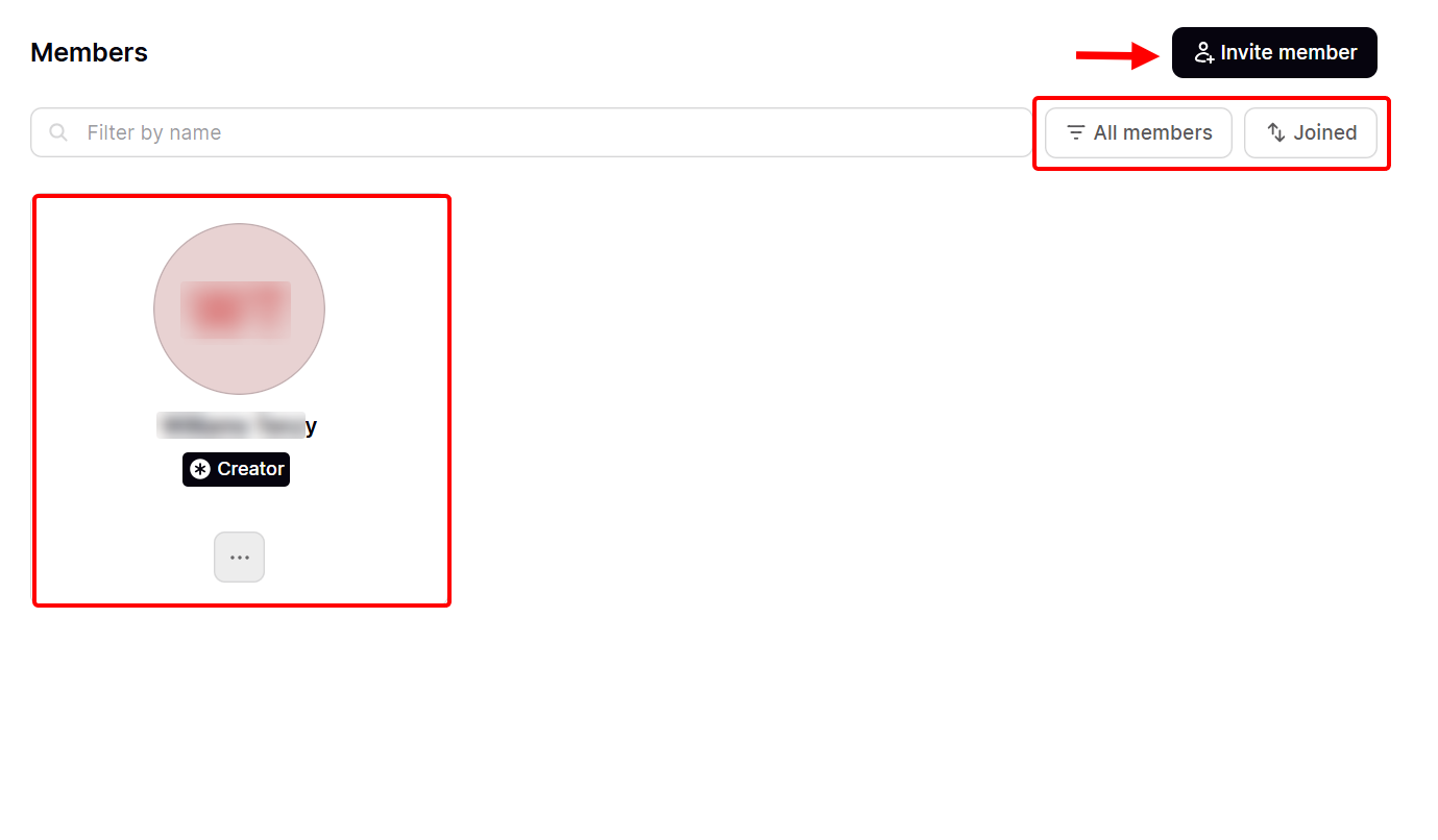 Member page showing the invite and filter options