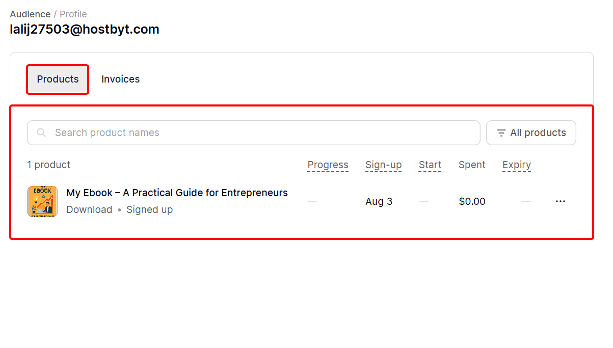 A customer product's and invoice page