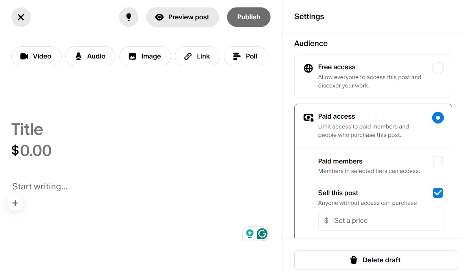 Highlighted paid access and selling options for a post