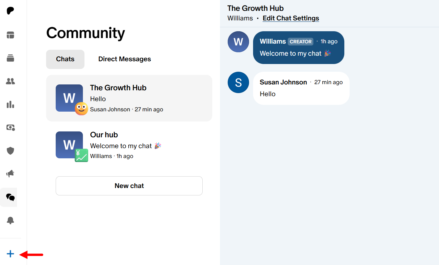 Chat conversations and the plus icon to start a new one