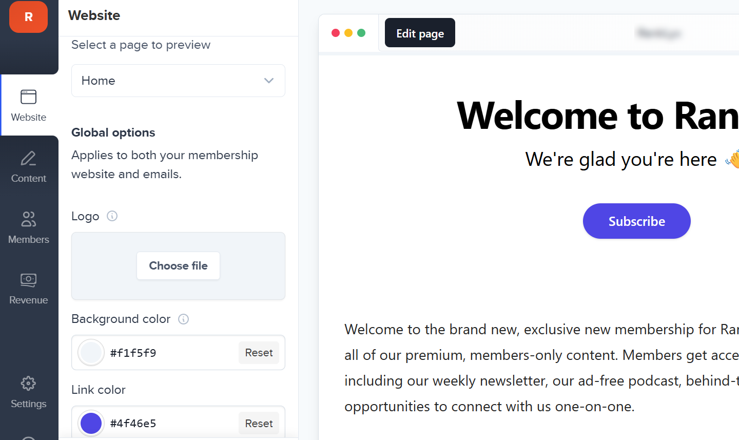Interface for editing a membership website's appearance