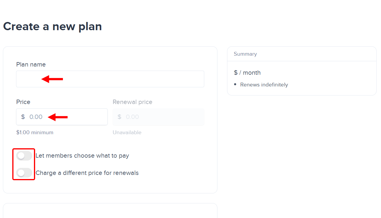 Create a new plan page