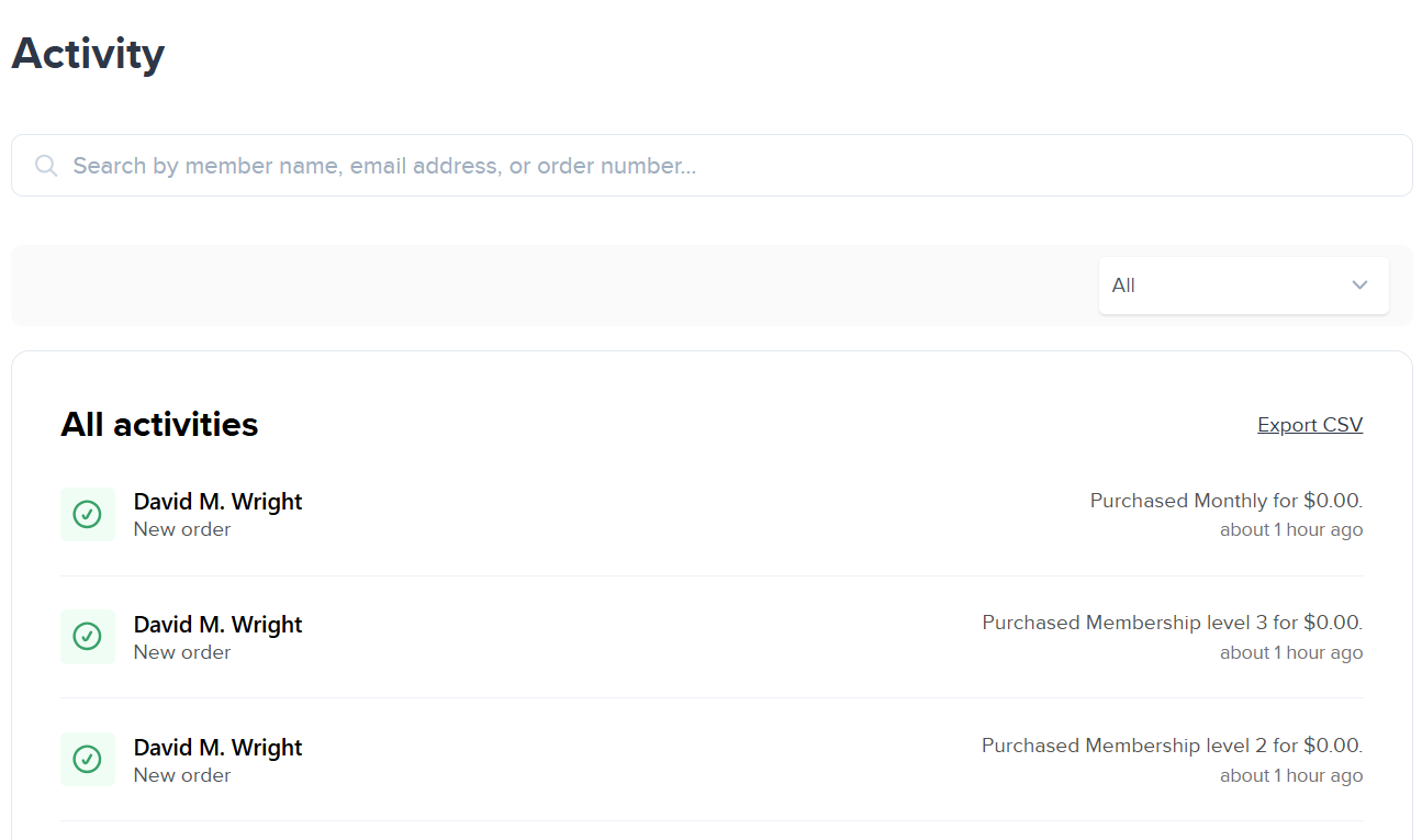 Member activity log showing new orders