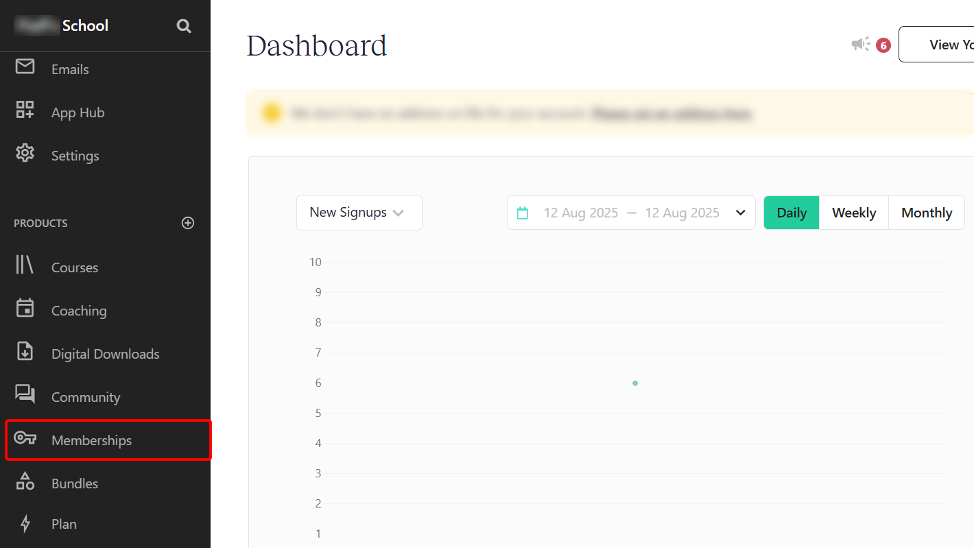 Dashboard showing membership and sales options