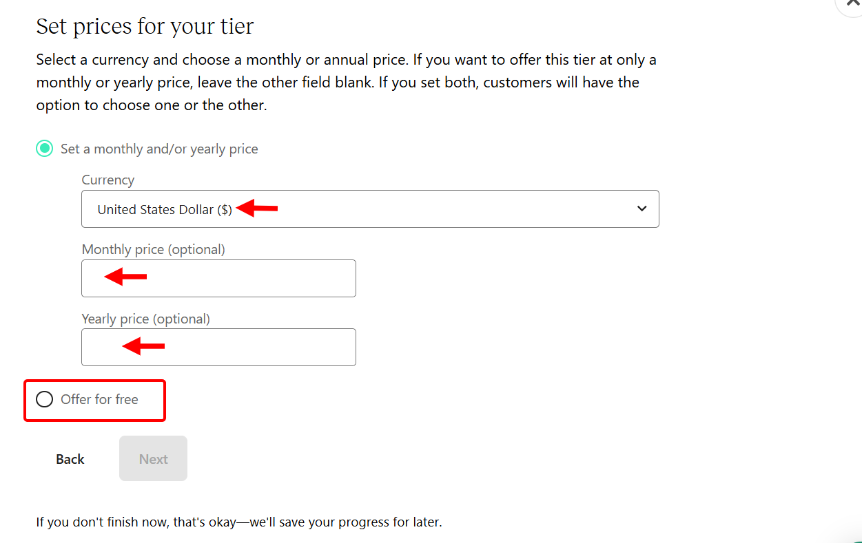 Pricing settings for membership tiers