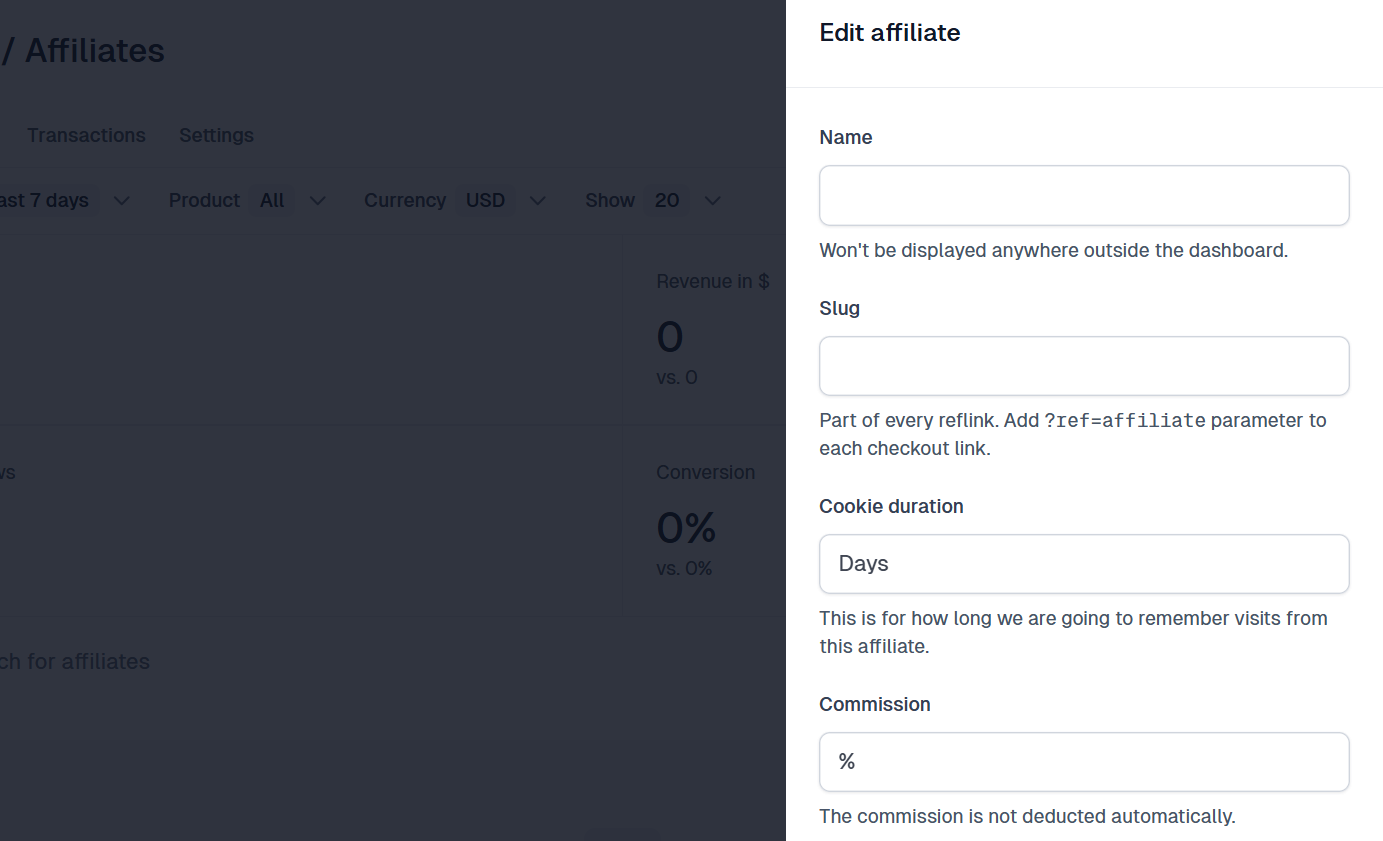 Settings for adding a new affiliate