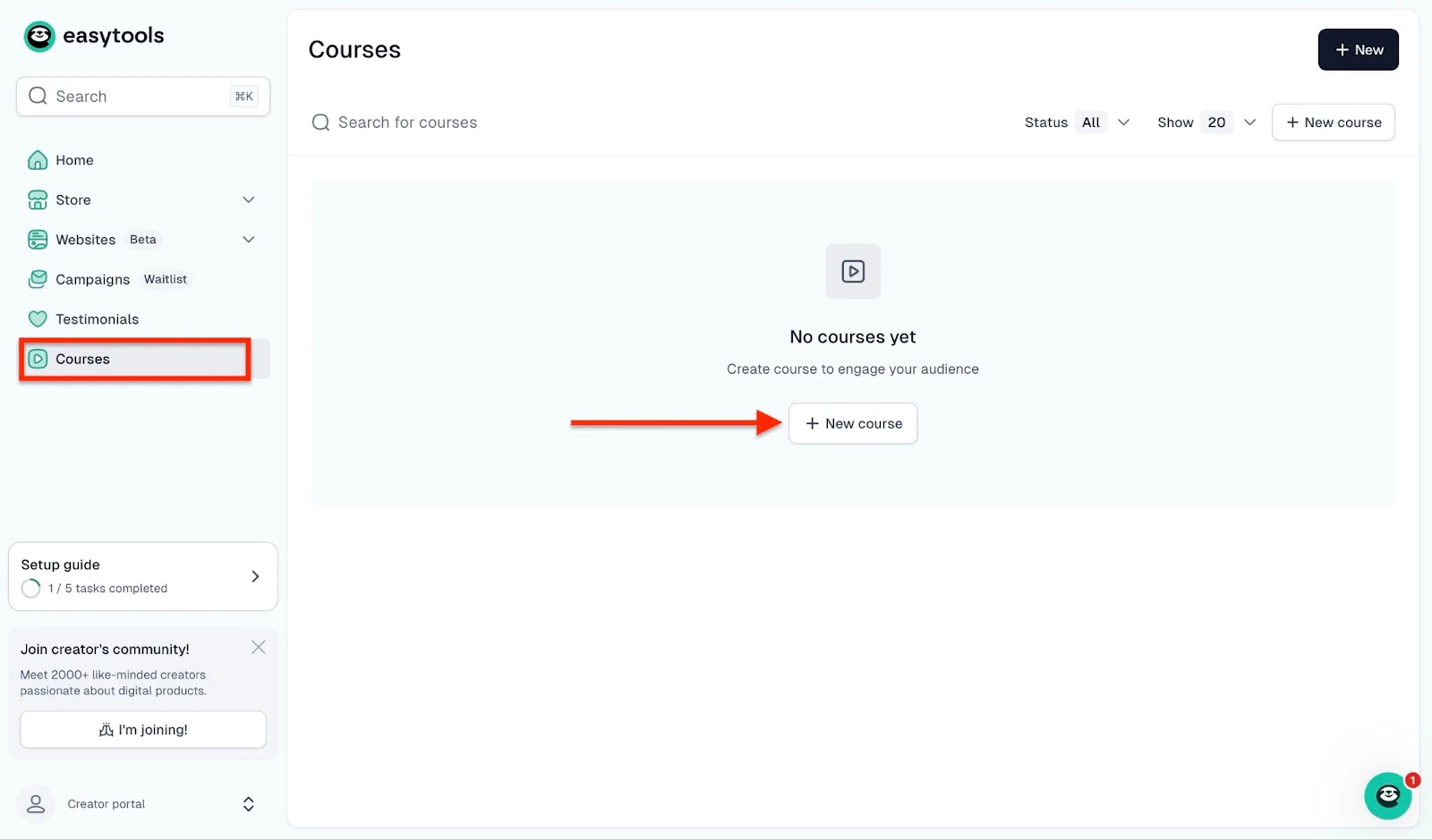 Courses tab to create an online course